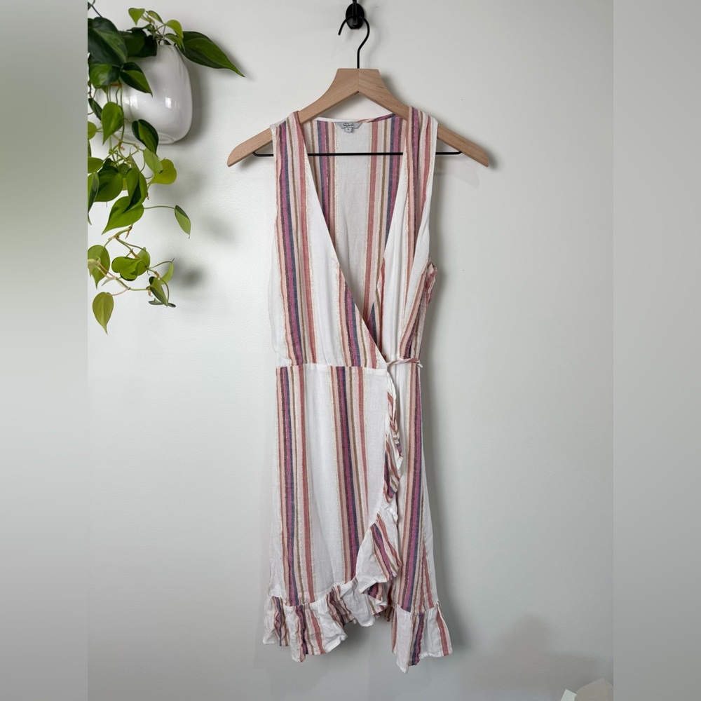 Rails Madison Jewel Stripe Wrap Dress Linen Blend Sleeveless Ruffle White Pink S